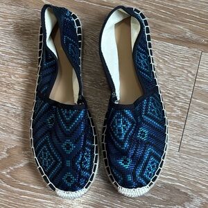 J Crew blue and black patterned espadrille flats, size 8